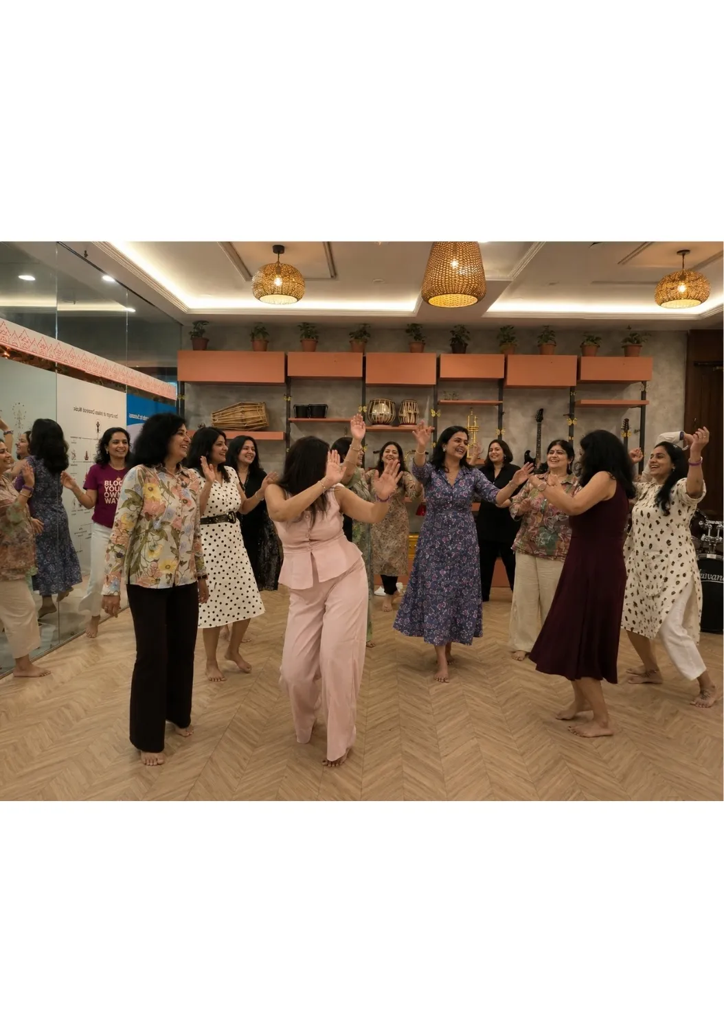 Group of friends seeking bliss and joy in the dance room.